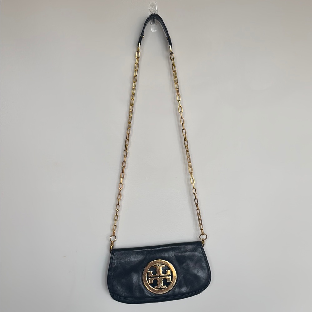 Tory Burch Black and Gold Crossbody Bag with Quilted Leather